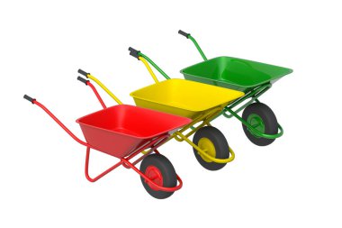 Beyaz arka planda izole edilmiş renkli el arabaları. Bahçıvanlık ve tarım ekipmanları. İnşaat aleti. 3d hazırlayıcı