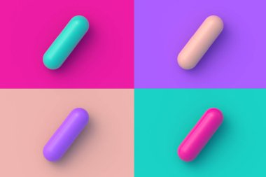 Renkli arka planda dört farklı renk hapı seti. 3d hazırlayıcı