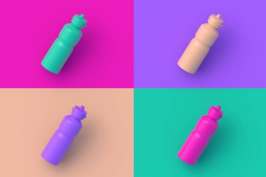 Renkli segmentlere sahip dört farklı renk su şişesi. 3d hazırlayıcı