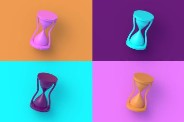 Renkli segmental arka planda dört farklı renk kum saati seti. 3d hazırlayıcı