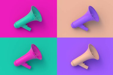 Renkli arka planda dört farklı renk hoparlörü seti. 3d hazırlayıcı