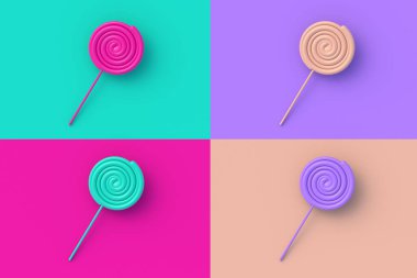 Renkli arkaplanda dört farklı renk spiral lolipop seti. 3d hazırlayıcı