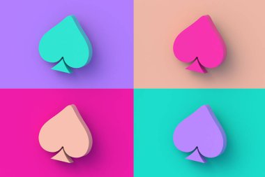 Renkli segmental arkaplanda dört farklı renk iskambil sembolü, pike ya da mızrak seti var. 3d hazırlayıcı