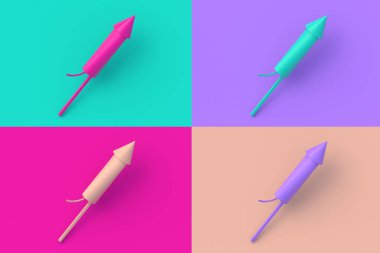 Renkli segmentlere sahip dört farklı renkte havai fişek seti. 3d hazırlayıcı