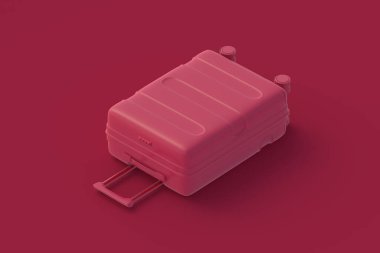 Kırmızı arka planda bir bavul morla seyahat et. Bagajlar için çanta. 3d hazırlayıcı