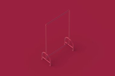 Kırmızı arka planda morumsu elbise askısı. Askıda dur. 3d hazırlayıcı