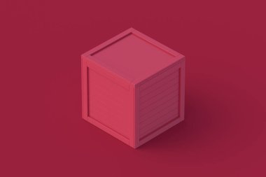 Kırmızı arka planda ahşap bir nakliye kutusu. 3d hazırlayıcı