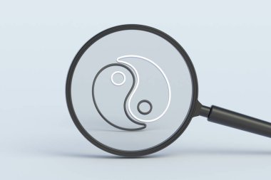 Büyüteç arkasındaki Yin Yang tabelası. 3d hazırlayıcı