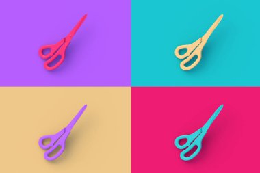 Renkli arka planda dört farklı renk makasından oluşan bir set. 3d hazırlayıcı