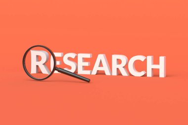 Turuncu arka plandaki büyüteçin arkasındaki kelimeyi araştır. İnceleme konsepti. Bilimsel araştırma. İş analizi. Eğitim ve bilim için bilgi. 3d hazırlayıcı