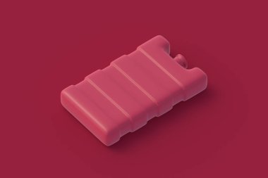 Kırmızı arka planda bir paket buz. Soğuk akümülatör. Soğutucu blok. 3d hazırlayıcı