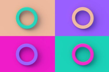 Renkli segmental arka planda dört farklı renkte neodim mıknatıs seti. 3d hazırlayıcı