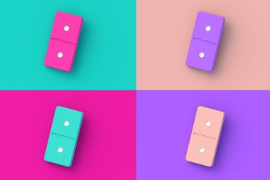 Renkli segmental arka planda dört farklı renk domino taşı seti. 3d hazırlayıcı