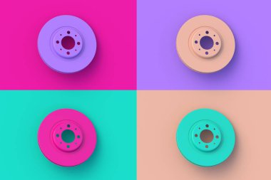 Renkli arkaplanda dört farklı renk fren diski seti. 3d hazırlayıcı