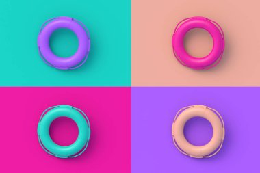 Renkli segmentlere sahip dört farklı renk can simidi. 3d hazırlayıcı