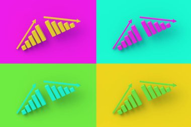 Renkli arkaplan üzerinde sütun ve ok bulunan dört farklı renk grafiği. 3d hazırlayıcı