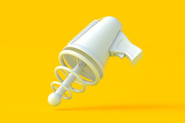 Turuncu arka planda düşen uzay silahı. Geleceğin lazer silahı. Uzaylı silahı. Çocuklar için oyuncak. 3d hazırlayıcı