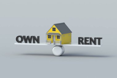 Salıncakta sallanan binanın yanında kiralık kelimeler var. Emlak konsepti. 3d hazırlayıcı