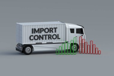 Yeşil ve kırmızı grafiğin yanındaki kamyonun kontrol kelimelerini ithal et. Gümrük ve vergiler. Mallara giriş kuralları. Yasal konsept. Gümrük kontrolü. 3d hazırlayıcı