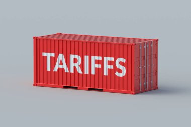 Nakliye konteynırının tarifi. İş konsepti. Ticaret savaşı. Hükümet vergisi. İthal mallara karşı görevler. 3d hazırlayıcı