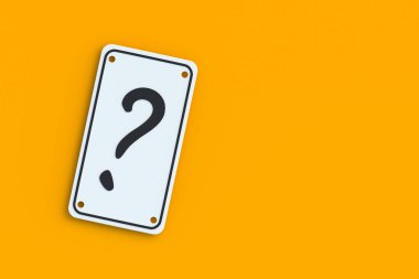 Metal levhada soru işareti var. Sorgu konsepti. Sorun çözme. Arama ve analiz. Faq ve çevrimiçi destek. Uzayı kopyala 3d hazırlayıcı