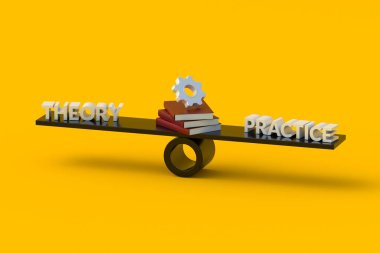 Teori ve pratik sözcükler salıncakta. Öğrenme kavramı. Hayattaki bilginin uygulaması. Çalışma ve deneyim dengesi. 3d hazırlayıcı