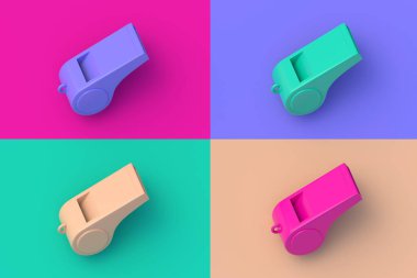 Renkli arka planda dört farklı renk düdüğü seti. 3d hazırlayıcı