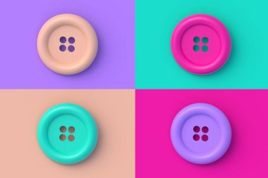 Renkli arkaplanda dört farklı renk tekstil düğmesi. 3d hazırlayıcı