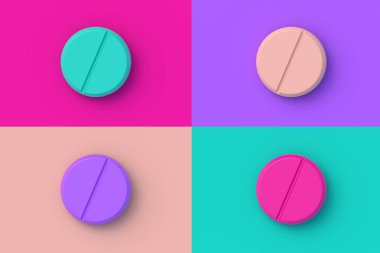 Renkli arka planda dört farklı renk hapı seti. 3d hazırlayıcı