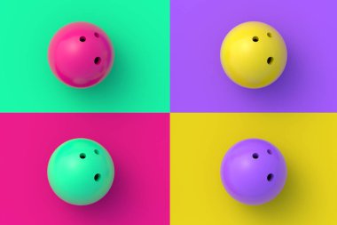 Renkli arka planda dört farklı renk bowling topu seti. 3d hazırlayıcı