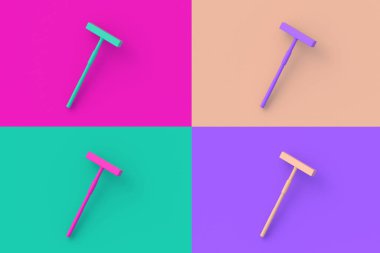 Renkli arkaplanda dört farklı renk kriket sopası var. 3d hazırlayıcı