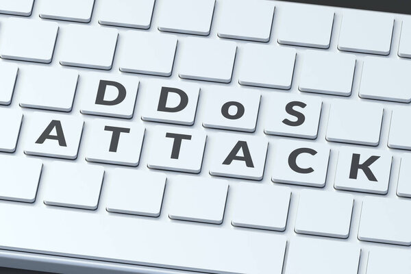 DDoS атакует слова на кнопках клавиатуры. Распределенный отказ в обслуживании. Программа-вымогатель. Взлом данных. Защита от вредоносных Концепция киберпреступлений. 3D рендеринг