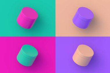 Renkli arka planda dört farklı renk krem kavanozu. 3d hazırlayıcı