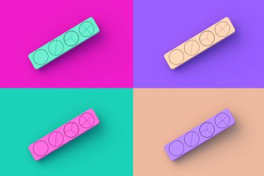 Renkli segmental arka planda dört farklı renk geometrik mantık oyuncağı. 3d hazırlayıcı