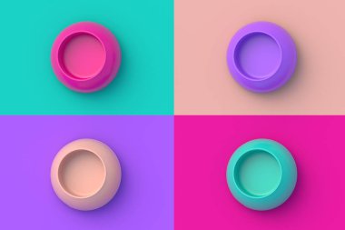 Renkli segmentlere sahip evcil hayvanlar için yemek ve su için dört farklı renk kasesi. 3d hazırlayıcı