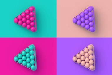 Renkli arka planda dört farklı bilardo topu seti. 3d hazırlayıcı