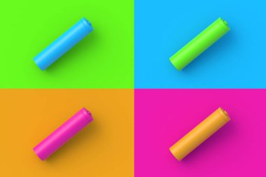 Renkli arka planda dört farklı renk pil seti. 3d hazırlayıcı
