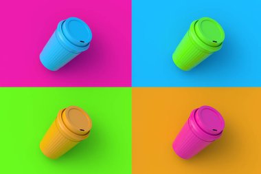 Renkli segmentlere sahip dört farklı renk kahve fincanı seti. 3d hazırlayıcı