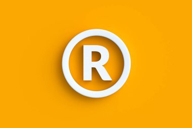 R sembolü daire içinde. Tescilli marka. Marka koruması. Haklar ve kurallar. Patent yasası. İş konsepti. 3d hazırlayıcı