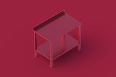 Kırmızı arka planda morumsu metal mutfak masası. 3d hazırlayıcı