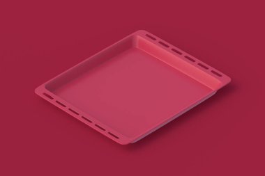 Kırmızı arka planda pişirme tepsisi. 3d hazırlayıcı