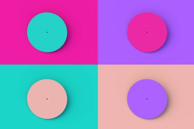 Renkli segmental arka planda dört farklı renkte vinil plak seti. 3d hazırlayıcı