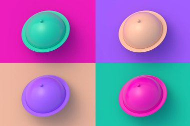 Renkli segmentlere sahip dört farklı renkte restoran tepsisi. 3d hazırlayıcı