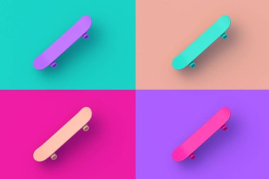 Renkli arka planda dört farklı renk kaykayı seti. 3d hazırlayıcı