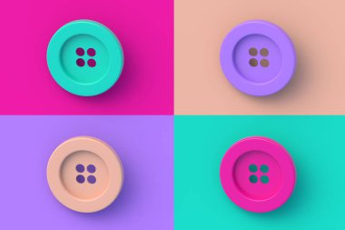 Renkli segmental arka planda dört farklı renk dairesi tekstil düğmesi. 3d hazırlayıcı