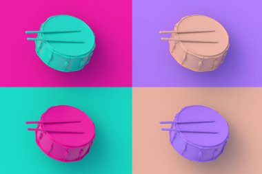 Renkli arka planda dört farklı renkte davul seti. 3d hazırlayıcı