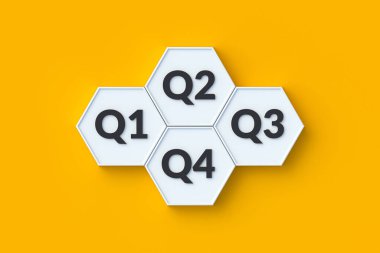 Q1, q2, q3 ve q4 kelimeleri altıgenler üzerine. Dört aylık rapor. Vergi beyanı. Kâr marjları. Finansal yılı planlıyorum. Ekonomik veriler. 3d hazırlayıcı
