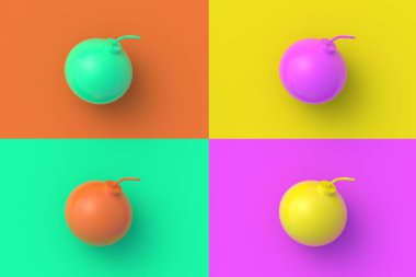 Renkli arka planda dört farklı renk bombası seti. 3d hazırlayıcı