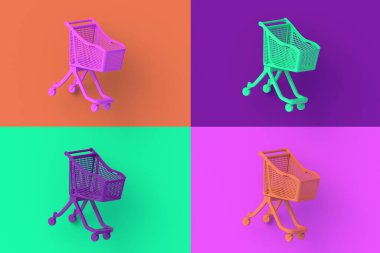 Renkli segmentlere sahip dört farklı renk alışveriş arabası. 3d hazırlayıcı