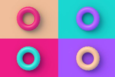 Renkli segmental arka planda dört farklı renkte şişirilebilir halka. 3d hazırlayıcı